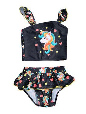NWOT | Black Unicorn & Heart Print Ruffle Strap Tankini & Skirted Bottom Set 3/4